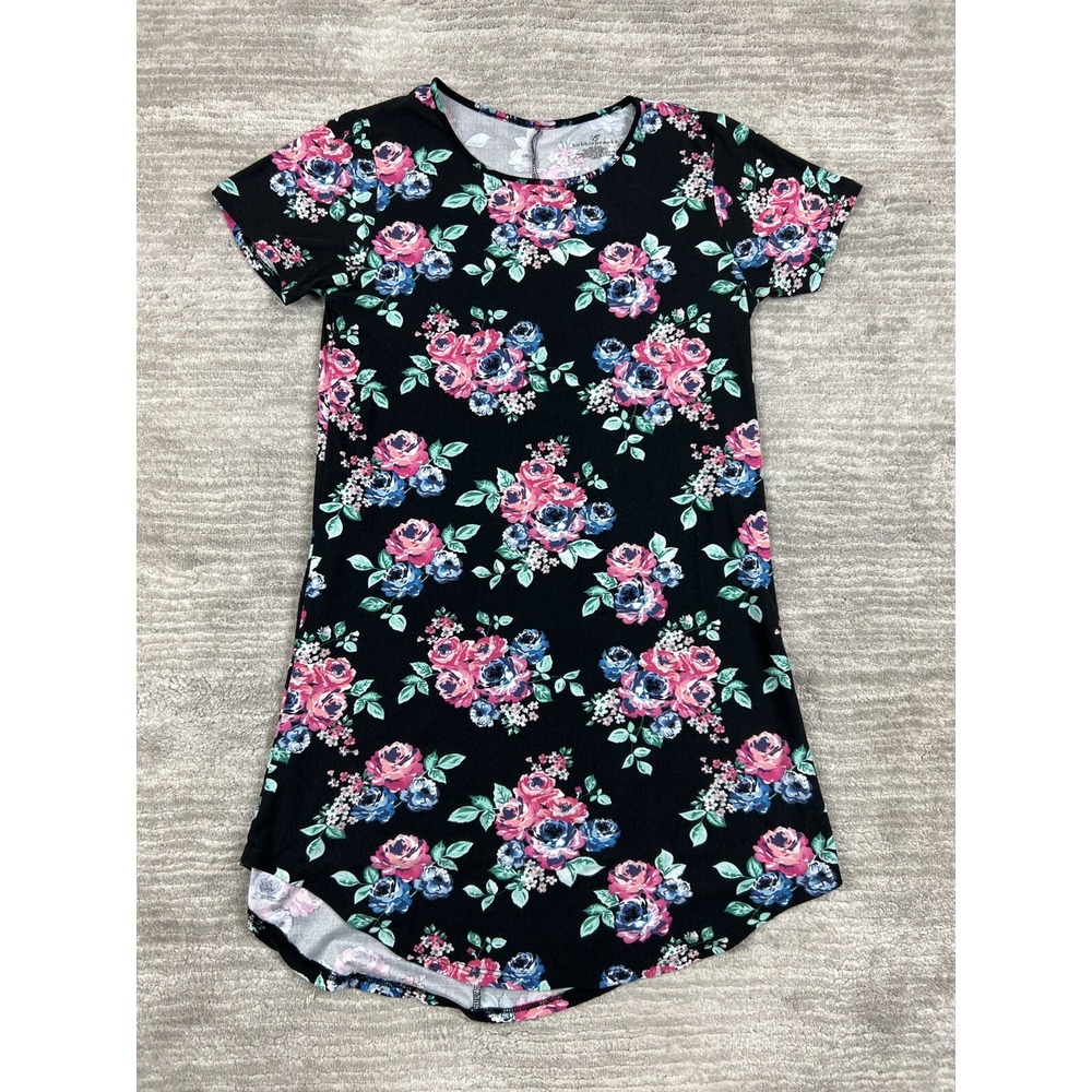 Bobbie Brooks Dress Womens S Black Floral Rose Short Sleeve Curved High Low Hem